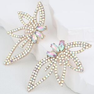 Abstract Wings Art Deco Earrings AB Rhinestone CZ Crystal Big Flower  Floral New